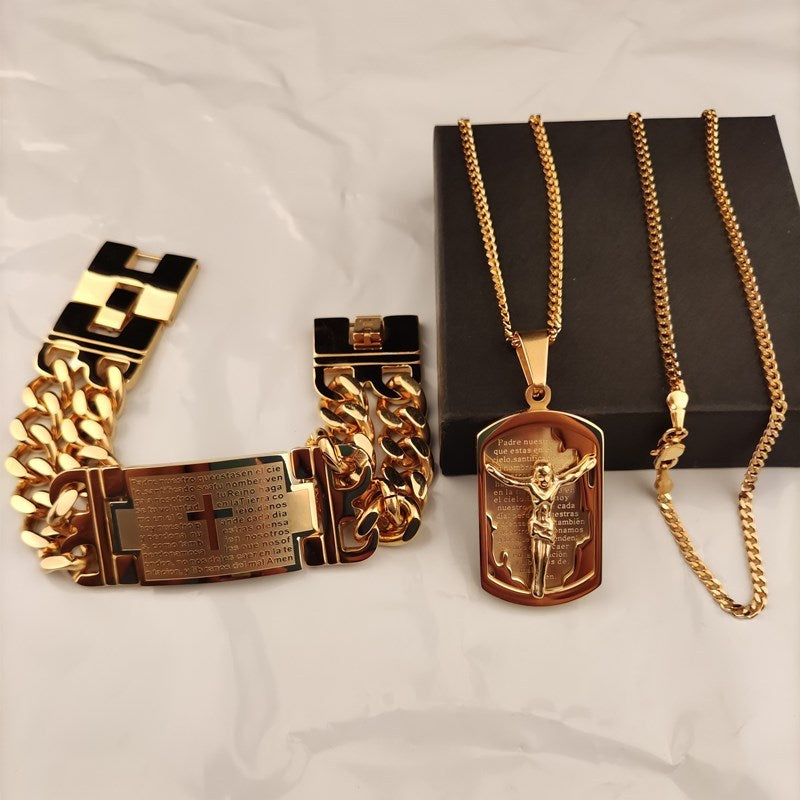 Gold Jesus Cross Necklace & Bracelet Set